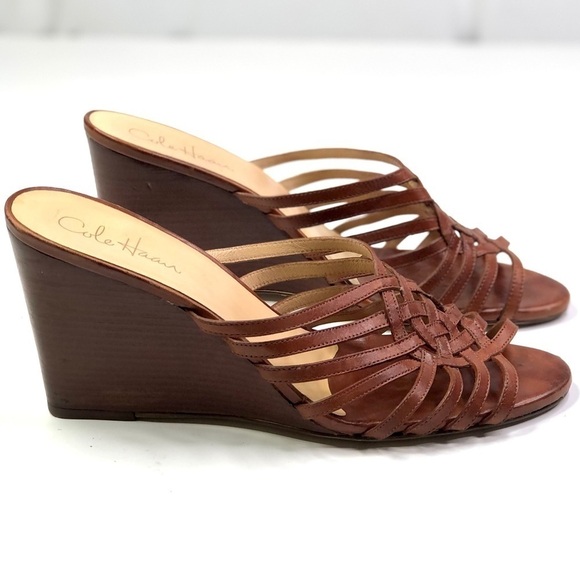 Cole Haan brown woven leather open toed wedge sandals 9 - Picture 2 of 9